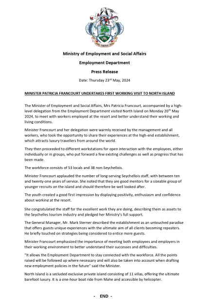 Minister Francourt undertakes working visit to North Island